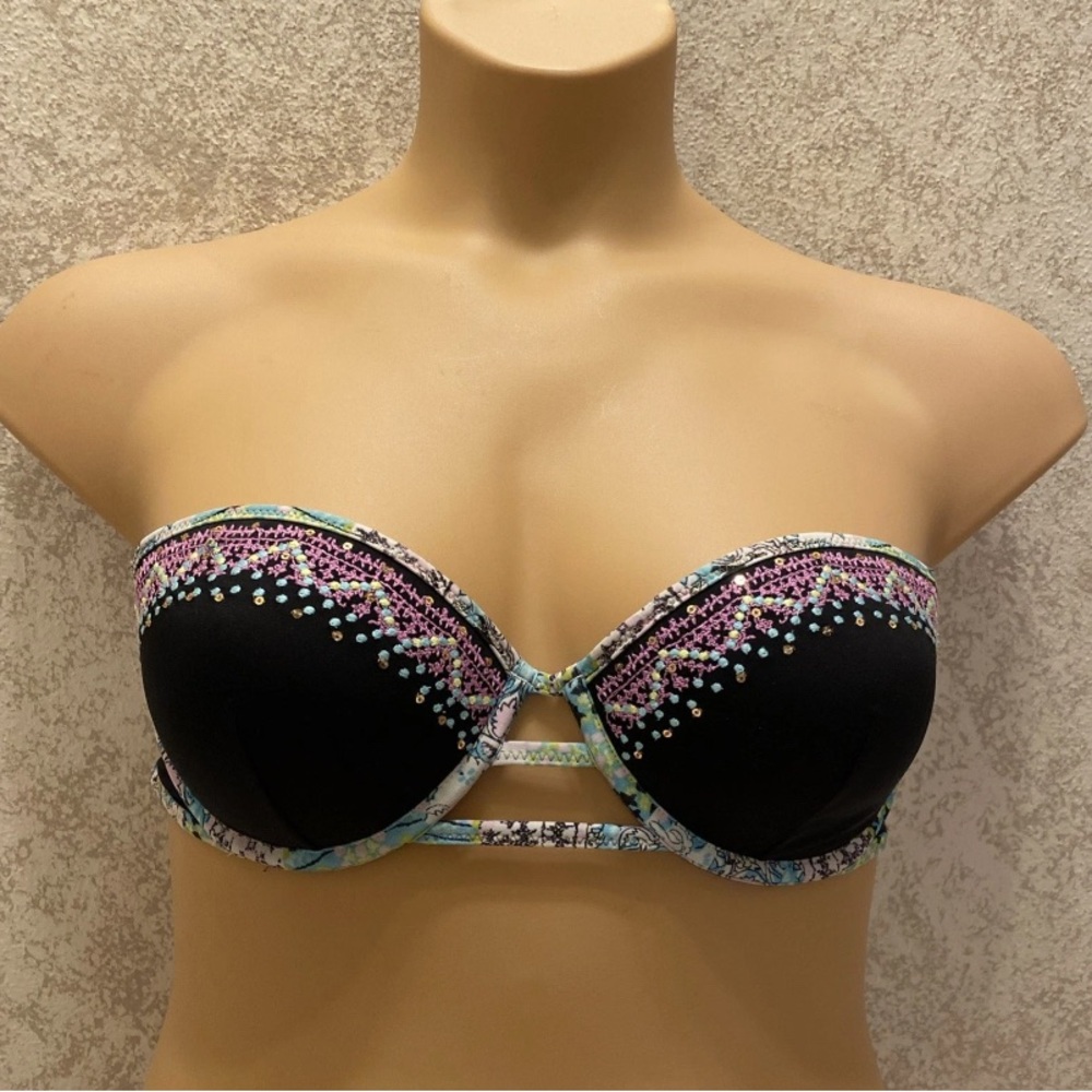 Victoria's Secret Bali Embroidered Black and Multicolor Bikini Top
